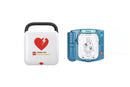 Two defibrillators, one white with a red heart symbol and the other blue with a clear panel showing a diagram, on a white background.